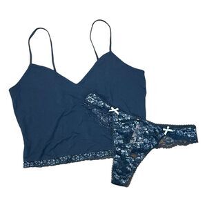 Victoria’s Secret Cami Set Blue Satin Floral Lace 2 pc L